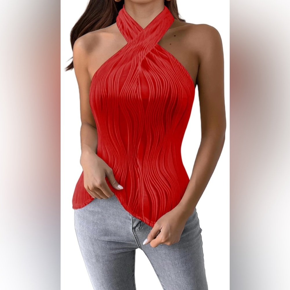 Women's Sexy Halter Neck Sleeveless Criss Cross Textured Blouse Size M